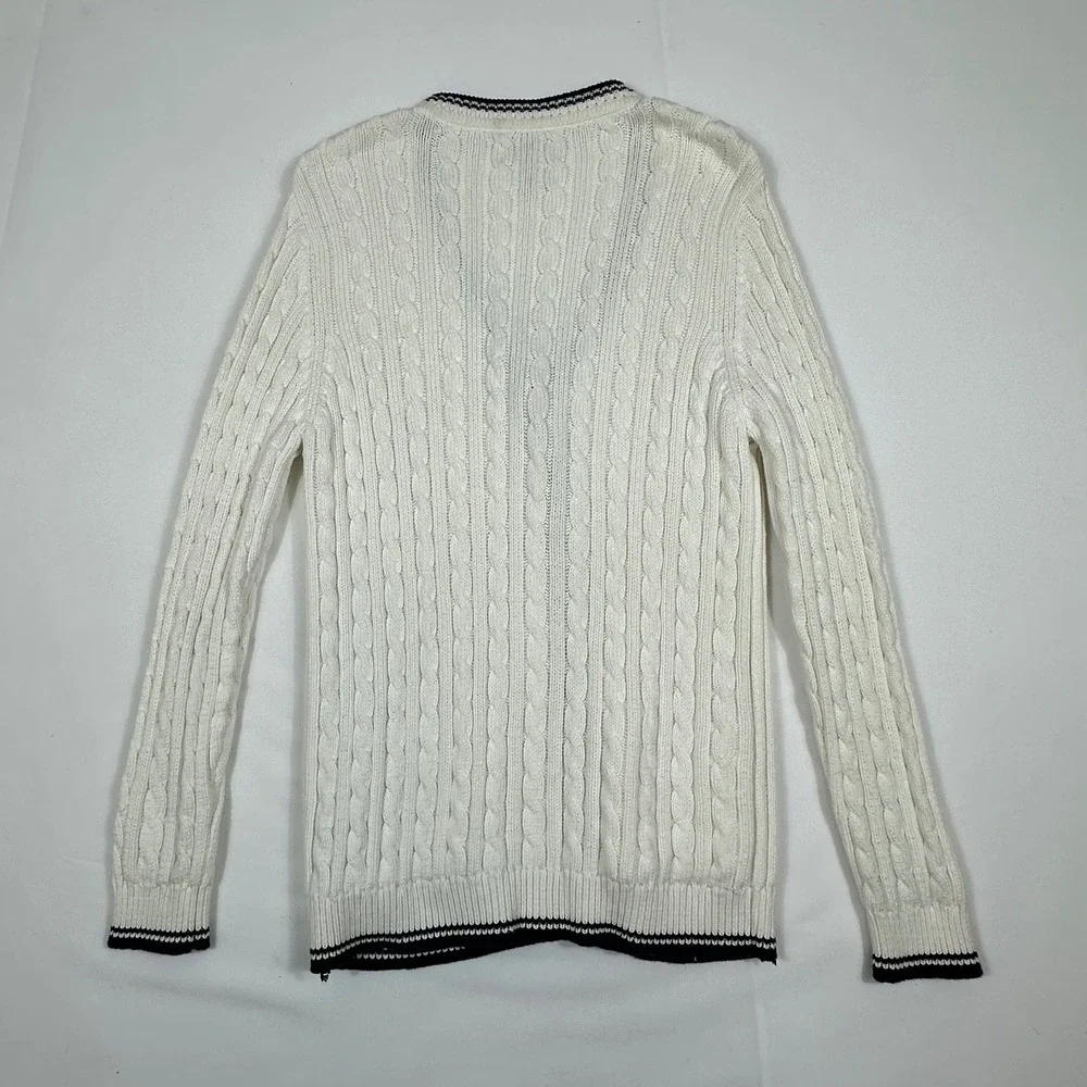 Cabin Creek White Cable Knit Cardigan Sweater Navy Blue Trim Large Cotton‎